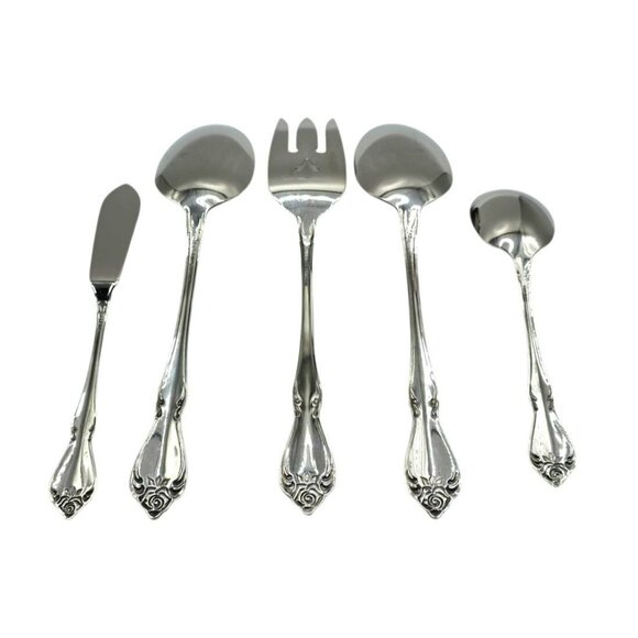 5 Oneida Serving Utensils Spoon Sugar Meat Fork Butter Knife True Arbor Rose VTG - Picture 3 of 9
